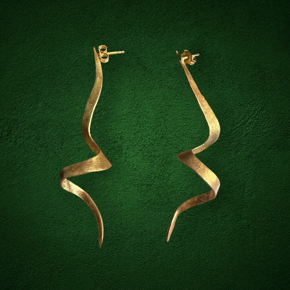 925 Sterling Silver Gold Tone Long Spiral Twist Dangle Earrings Modernist